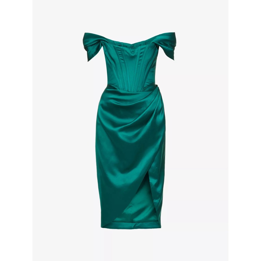 House of CB Loretta Emerald Green Satin Corset Off Shoulder Midi Dress S - Picture 5 of 14